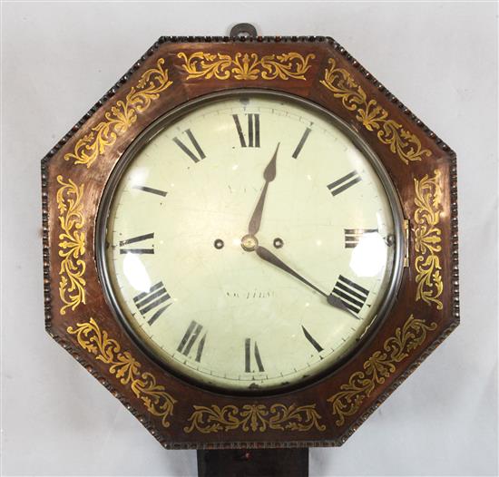 A Regency brass inset rosewood wall clock, 1ft 5in. x 1ft 5in.